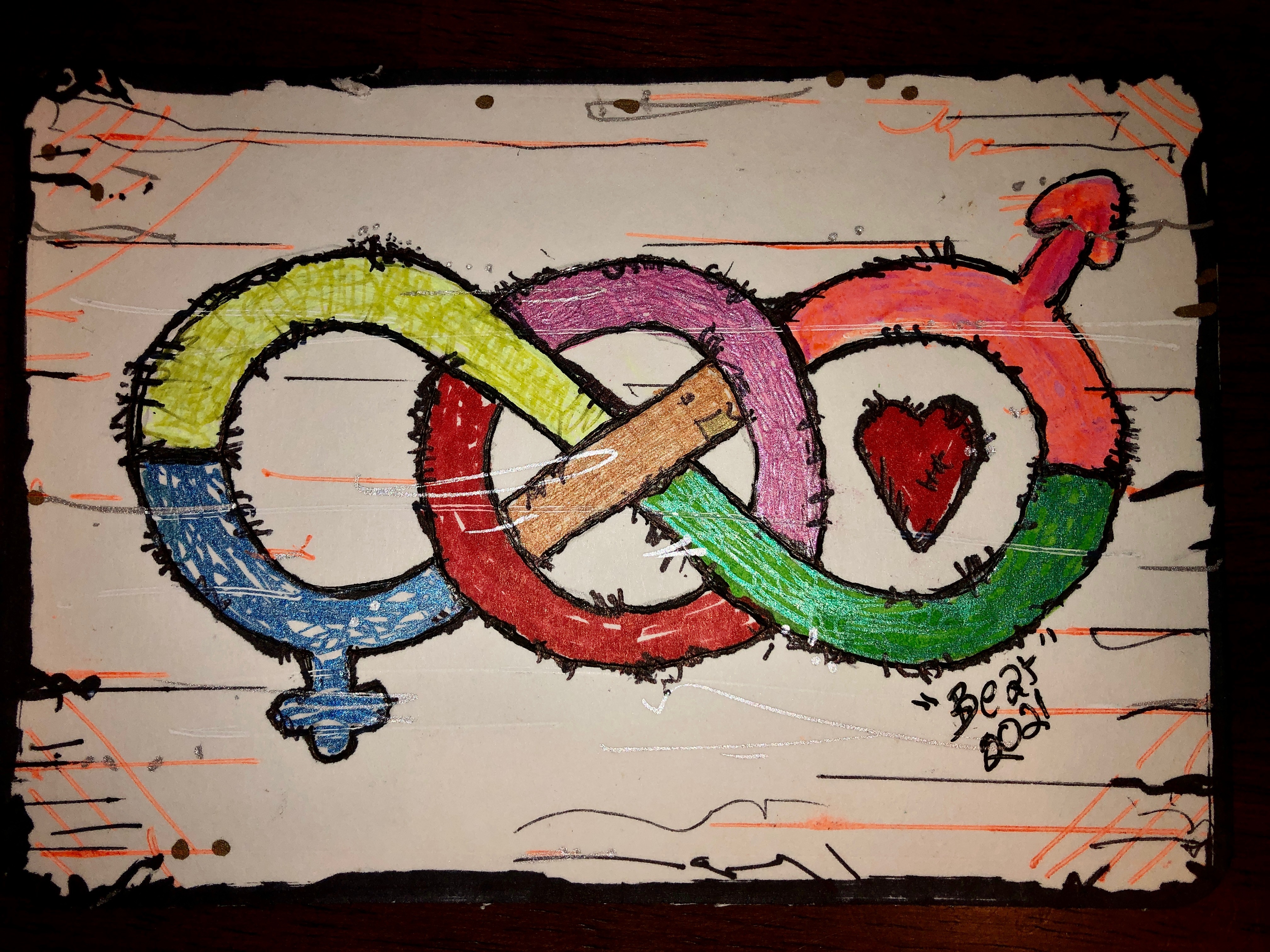 An infinity symbol woven through inclusive gender symbols, with a red heart, signed Bear 2021